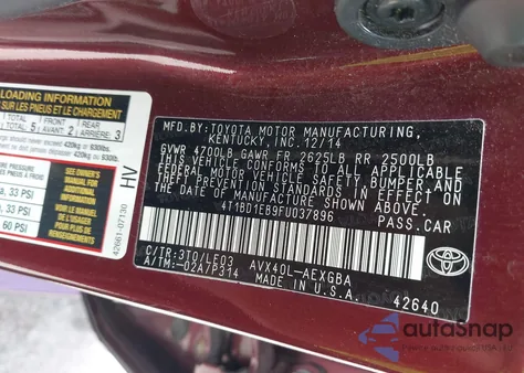 2015 Toyota Avalon Hybrid Xle Touring z USA, uszkodzony, nr VIN 4T1BD1EB9FU037896